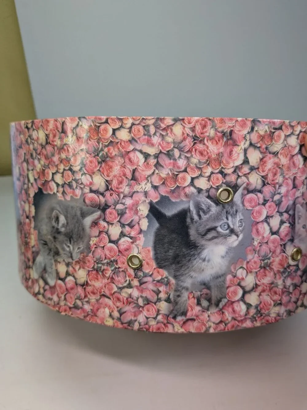 Vintage Large Round Kitten & Pink Roses Cardboard Hat Box Storage 12